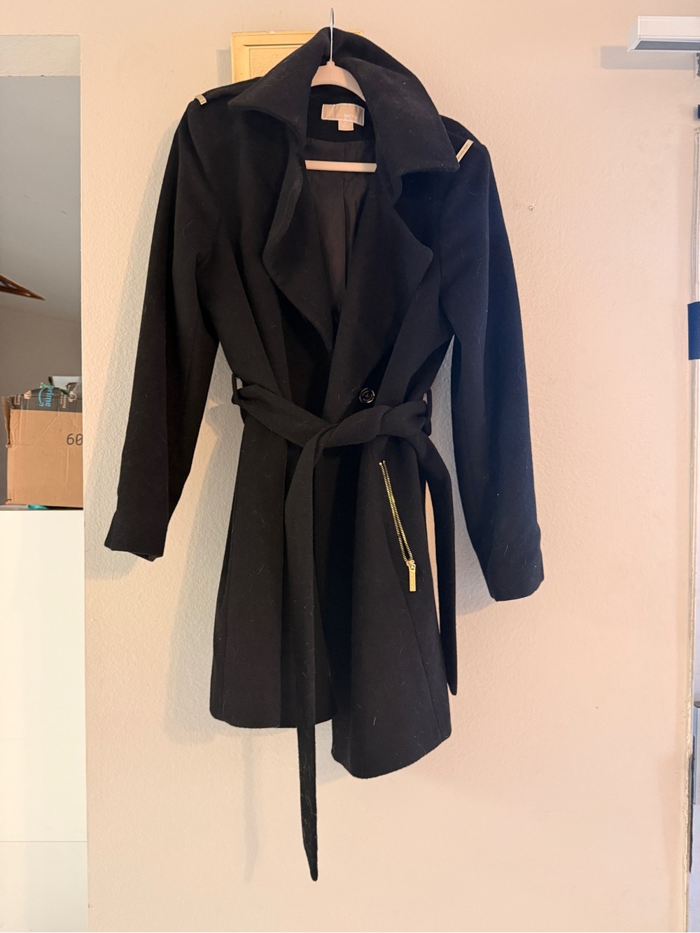 Michael Kors Black Trench Coat with Gold Zipper Detail